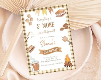 Smores Birthday Invite for Camping Birthday Invitation Editable Gingham Outdoors Camping Invite for Kids Birthday Invitation Digital