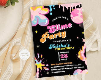 Editable  Slime Party Invite Page Slime Birthday Invitation, Slime Party Favors, Slime Party Birthday Table Decorations Slime Glitter
