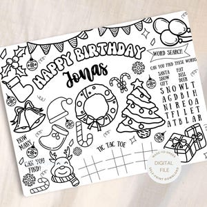 Christmas Birthday Activity Page For Kids - Printable Christmas Coloring Placemat - Christmas Craft Activity Sheet - Christmas Party Decor