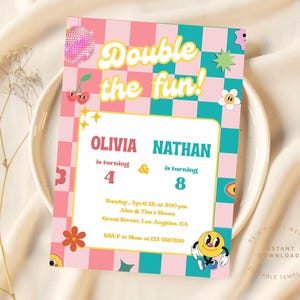 Boy Girl Sibling Birthday Invitation, Joint Birthday Party, Double Birthday Invite, Retro Groovy Smile Checker, Editable Canva Template