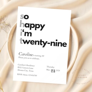 Minimalist 29th Birthday Invitation 29th Birthday Invitation So Happy I&#39;m Twenty Nine 29th Birthday Twenty Nine Aesthetic Invitation