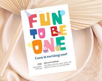 Fun to Be One Birthday Invitation Template, Digital Fun to Be One First Birthday, Colorful First Birthday Invitation Template Green Blue