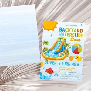 May include: A party invitation with a backyard waterslide theme. The invitation features a colorful illustration of a waterslide, sun, and beach ball. Text reads "BACKYARD WATERSLIDE Bash" and "OLIVER IS TURNING 6". A blank card is on the left.