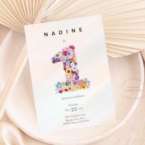 Minimaler 1. Geburtstag einladen, Mädchen bearbeitbar Blush Pink, Mädchen zum ersten Geburtstag Einladungsvorlage, Prinzessin Thema Party Einladung