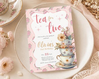 Whimsical Tea for Two 2nd Birthday Invitation, Floral Tea Party Invite, Grandmillennial Girls Birthday, Editable Template