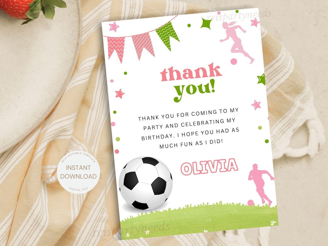 Girl Soccer Birthday Party Thank You Card Editable Guest Gratitude Card ...