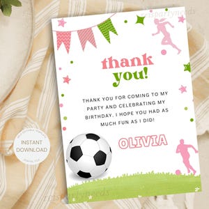 Cartão de agradecimento para festa de aniversário de futebol para meninas, cartão de agradecimento para convidados editável, tema de futebol rosa, cartões de agradecimento para impressão para festa de futebol para meninas