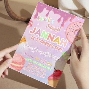 SWEET SASSY and SIX girl & boy birthday invitation, siblings birthday invite, cotton candy sweets donut ice cream, canva digital printable.