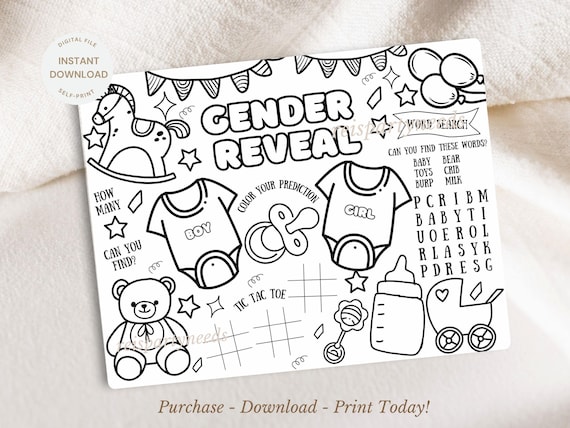 Gender Reveal Printable Activity Placemat, Gender reveal party placemat, Printable baby shower gender predictor coloring sheet for kids