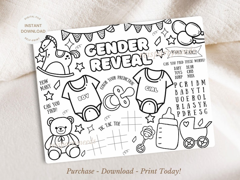 May include: A black and white printable gender reveal party game with a word search, tic-tac-toe, and a 'how many can you find' game. The text 'Gender Reveal' is at the top of the page.