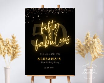 50th Birthday Welcome Sign Printable Gold Fifty and Fabulous Dinner Party Women Editable Digital Download