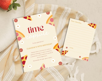 Può includere: Un invito stampabile per una capsula del tempo a tema pizza. L'invito è giallo con fette di pizza rosse e bianche e fiori bianchi. Il testo recita "time capsule" e "To be opened on CLAUDIA'S 18TH BIRTHDAY".