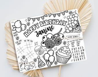 Hoja de actividades personalizada para cumpleaños con frambuesas y arándanos, página para colorear de frutas y bayas para imprimir, página para colorear de bayas