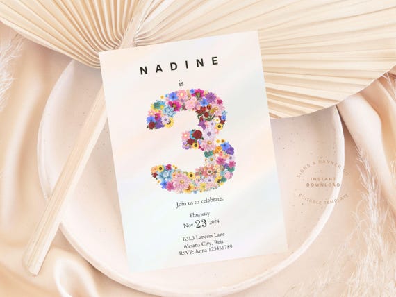 Minimal 3rd Birthday Invite, Girl Editable Blush Pink, Girl Third Birthday Invitation Template, Princess theme Party invitation
