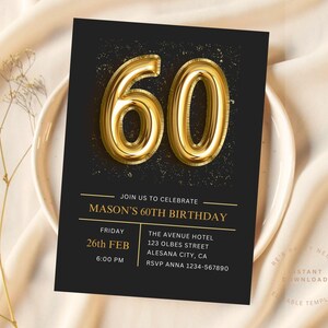 60th Birthday Invitation Elegant 60 Editable Digital Template Surprise 60th Birthday Party Evite Modern Gold and Black Invitation Canva