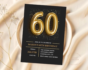 Black and Gold 60th Birthday Invitation, Surprise 60th Birthday Party Digital Template Evite Modern Sixty Invitation Canva Editable