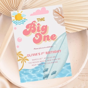 Editable Pink The Big One Surfing 1st Birthday Party Invitation Retro Girl Surf Van Surfboard Beach Party Invitation Instant Download