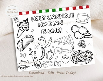Bearbeitbares Heiliges Cannoli-Geburtstags-Malblatt, Italienische erste Geburtstagsaktivität, Heilige Ravioli, Pizza-Partyspiele