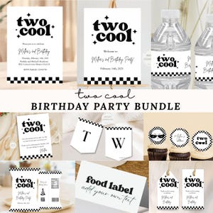 May include: A black and white birthday party bundle with the text "two cool" on various items. Includes invitations, a welcome sign, water bottle labels, cupcake toppers, and food labels. The theme features a checkerboard pattern.