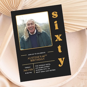 60th Birthday Invite, Look Who's 60, 60th Birthday Invitation with Photo, Simple 60th Invitation, Sixty Birthday, Invite for Man Woman Gold