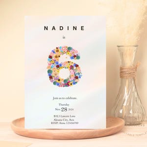 6e verjaardagsuitnodiging meisjesfeest 6-jarige bewerkbare minimalistische 6e verjaardag Wildflower thema-uitnodiging Blush Pink Six Evite bloemen