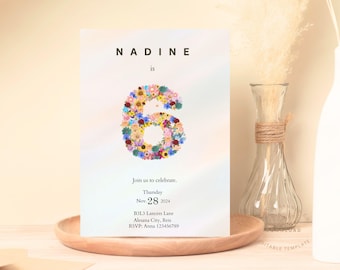 6e verjaardagsuitnodiging meisjesfeest 6-jarige bewerkbare minimalistische 6e verjaardag Wildflower thema-uitnodiging Blush Pink Six Evite bloemen