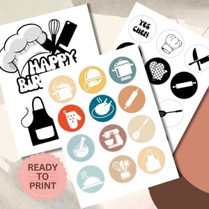 May include: Printable set of 16 black and white chef-themed party circles with text "Yes Chef!" and "Happy Birthday". The circles are ready to print and use for a party.
