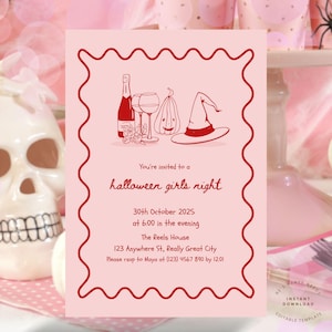 Faire-part d'Halloween entre filles pour une soirée goules dessinées à la main - Faire-part d'Halloween pour une soirée costumée pour adulte