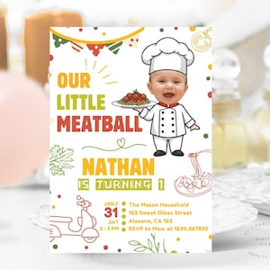 Convite para festa de aniversário com tema italiano, convite personalizado com almôndegas de espaguete e rosto de chef, convites para almôndegas italianas feitos sob encomenda