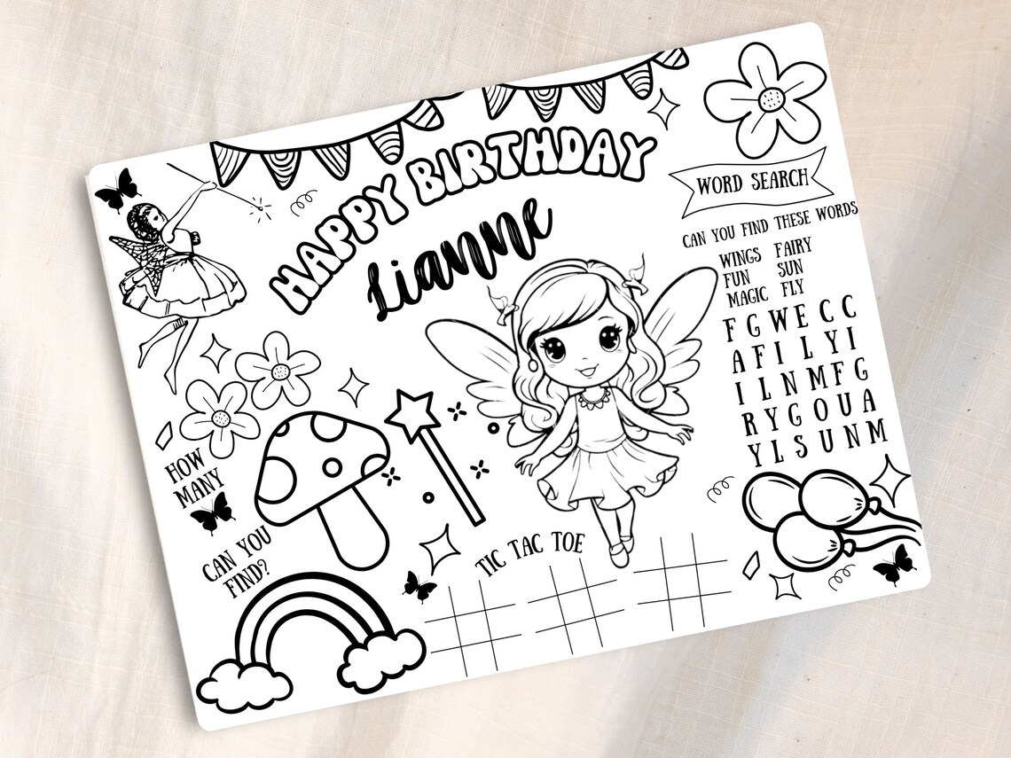 Editable Fairy Placemat for Coloring | Instant Digital Download | Print ...
