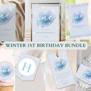 Editable Winter Birthday Bundle Templates Party Pack, Printable Light Blue Snowflake Birthday Party Invitation Decor Kit Minimalist