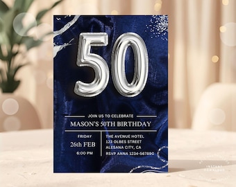 Navy Blue Silver & White 50th Birthday Invitation - Adult FIFTY Birthday Invite - Balloons 50 Birthday Party - Digital INSTANT download