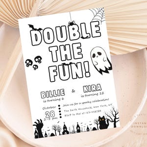 Faire-part d'Halloween commun pour une fête, double Faire-part d'anniversaire Halloween, Faire-part d'Halloween pour frères et sœurs, Faire-part pour Halloween en duo modifiable