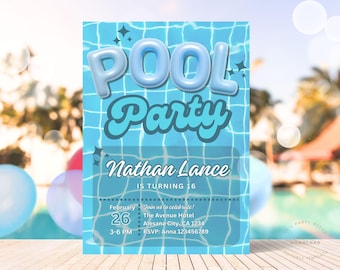 Editable Pool Party Birthday Invitation Neon Glow Swim Invite for Boys Blue Green Pool Birthday Canva Template Digital Download Evite Boy