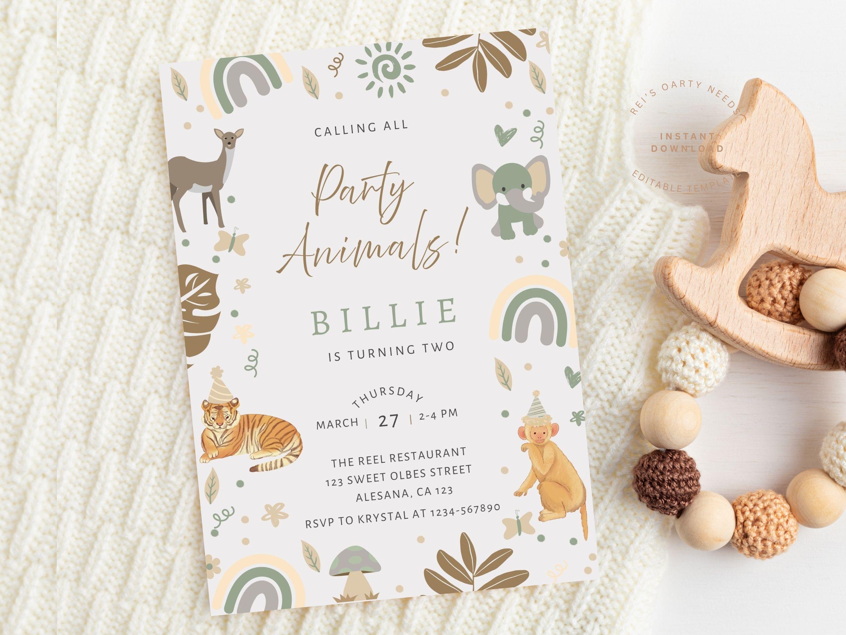 Invitation modifiable numérique appelant tous les fêtards | Fête des animaux Célébration Anniversaire d'enfants | Invitation d'anniversaire modifiable à tout âge à télécharger