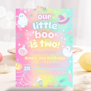 Editable Our Little Boo Is Turning Two Pastel Glow Halloween Ghost 2nd Birthday Party Invitation Neon Groovy Ghost Halloween Bday Download