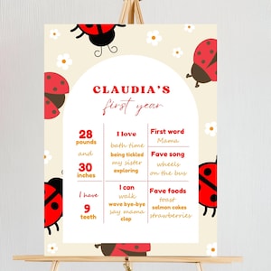 May include: A white and yellow printable poster with a ladybug theme. The poster is decorated with red ladybugs and white flowers. The poster has a title that says "Claudia's First Year" and includes information about the child's first year, such as weight, height, first word, favorite song, and favorite foods.