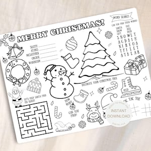 Christmas Activity Page For Kids - Printable Fun Christmas Coloring Placemat - Christmas Craft Activity Sheet - Christmas Party Decor