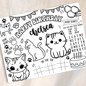 Personalized Cat activity sheet, Cat Theme placemats, Cat coloring page, Cat birthday party favors, Cat table decor