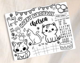 Personalized Cat activity sheet, Cat Theme placemats, Cat coloring page, Cat birthday party favors, Cat table decor