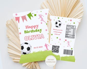Pink Soccer Chip bag, Birthday Party Chip bag, Girl Soccer Candy Wrapper, Party Favors, Football Loot Bag, Soccer Birthday Printable Treats