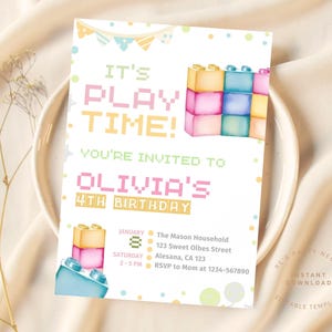 Building Blocks Birthday Invitation Building Bricks Kids Birthday Party Invite Building Block Party Building Bricks Birthday Girl Birthday