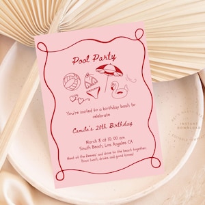 May include: Pink pool party invitation with red text and illustrations of a beach ball, swimsuit, umbrella, and flamingo float. The text reads "Pool Party", "You're invited to a birthday bash to celebrate Camila's 20th Birthday", "March 8 at 10:00 am", "South Beach, Los Angeles CA", "Meet at the Reeves and drive to the beach together. Picnic lunch, drinks and good times!"