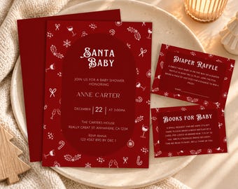 Santa Baby Shower Invitation Set Editable, Red Christmas Baby Shower Bundle Canva, Book Request Diaper Raffle Card, Holiday Gender Neutral