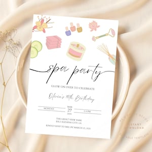 Spa Birthday Digital Invitation, Pamper Birthday Glam Personalized Girls Spa Party Invite, Preppy Spa Birthday Party, Watercolor Painted