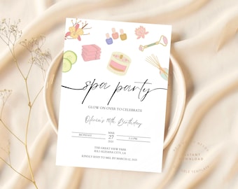 Spa Birthday Digital Invitation, Pamper Birthday Glam Personalized Girls Spa Party Invite, Preppy Spa Birthday Party, Watercolor Painted