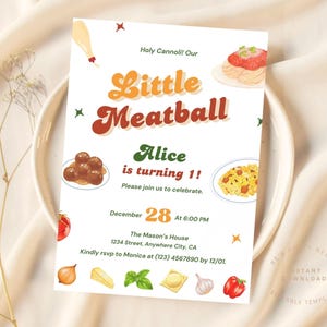 Convite de aniversário de almôndega editável, modelo digital de espaguete 5x7, Holy Cannoli, download instantâneo, crianças, 1º, primeiro, um, festa de aniversário italiana