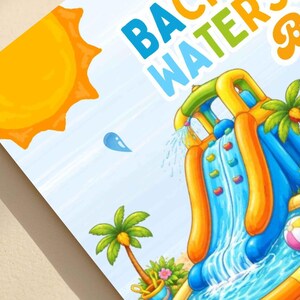 May include: Illustration of a water slide with the words "Backyard Water Bash" in colorful text. The image features a bright yellow sun, palm trees, and a beach ball, evoking a summer theme.