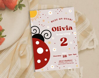 Ladybug Daisy Birthday Invitation - 5x7 - Digital Download - Editable Lady bug insect theme party Modern Invitation