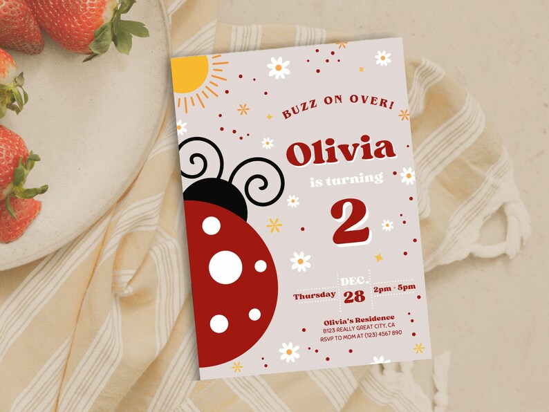 Ladybug Daisy Birthday Invitation - 5x7 - Digital Download - Editable ...